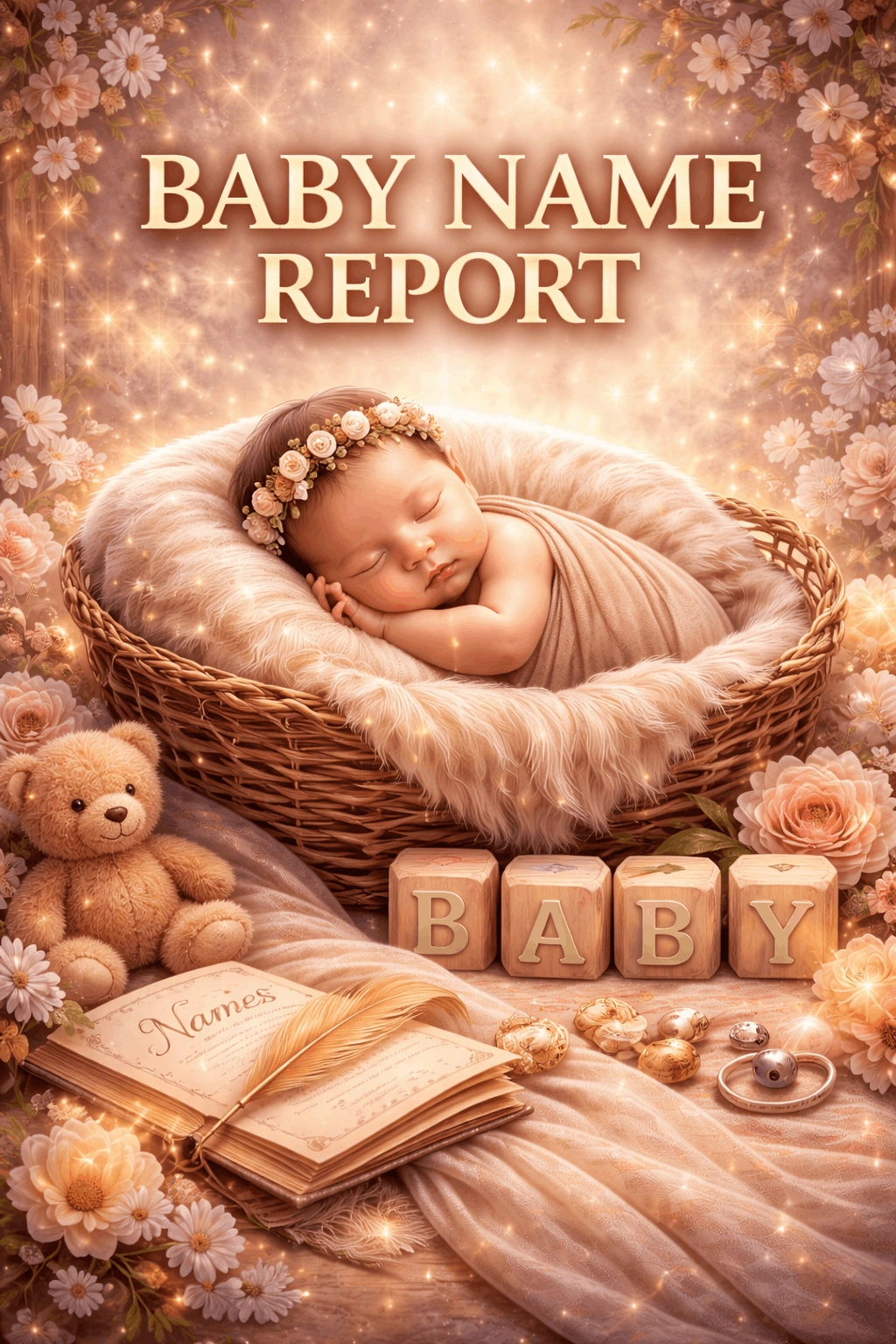 Baby name report cover with soft celestial motif