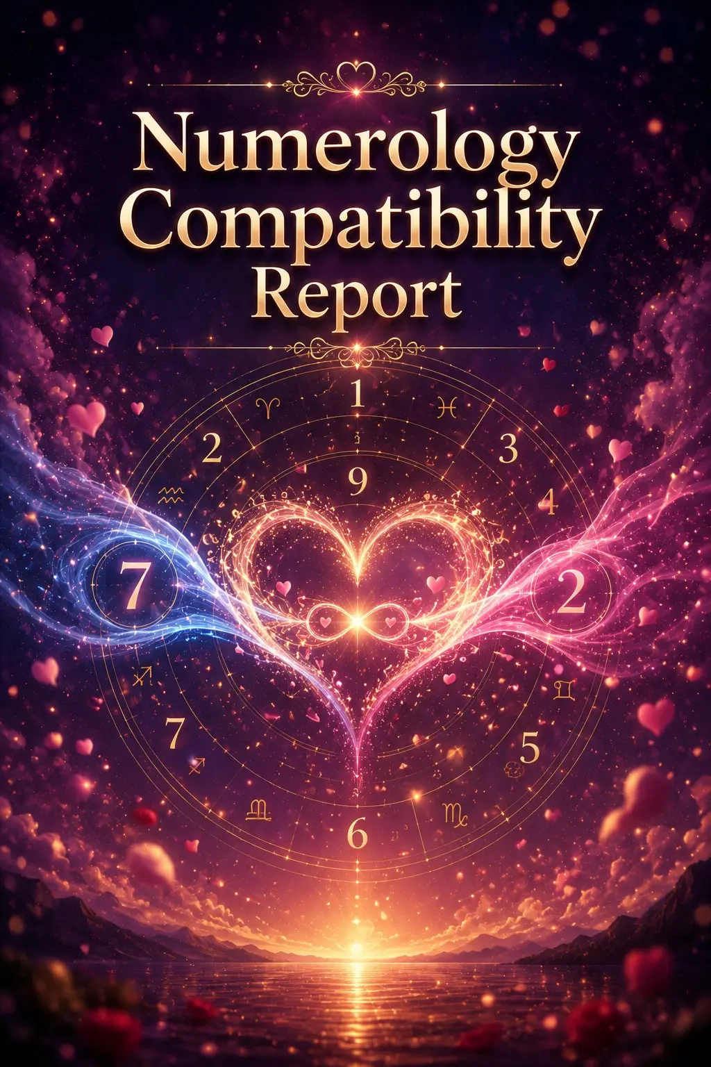 Numerology compatibility report cover showing two Lo Shu grids and a couple match score
