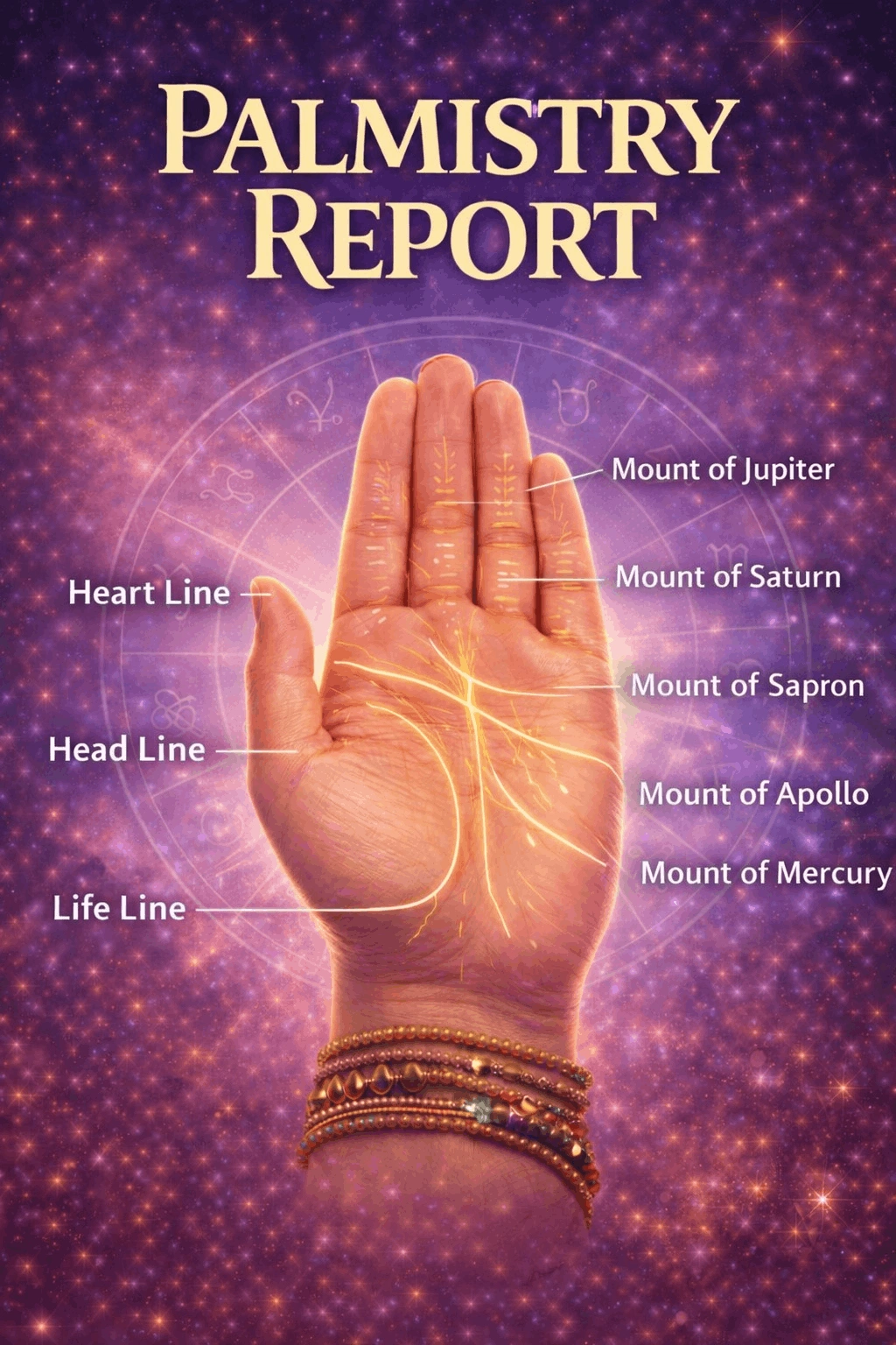 Premium palmistry report cover featuring detailed hand line analysis and mystical symbols
