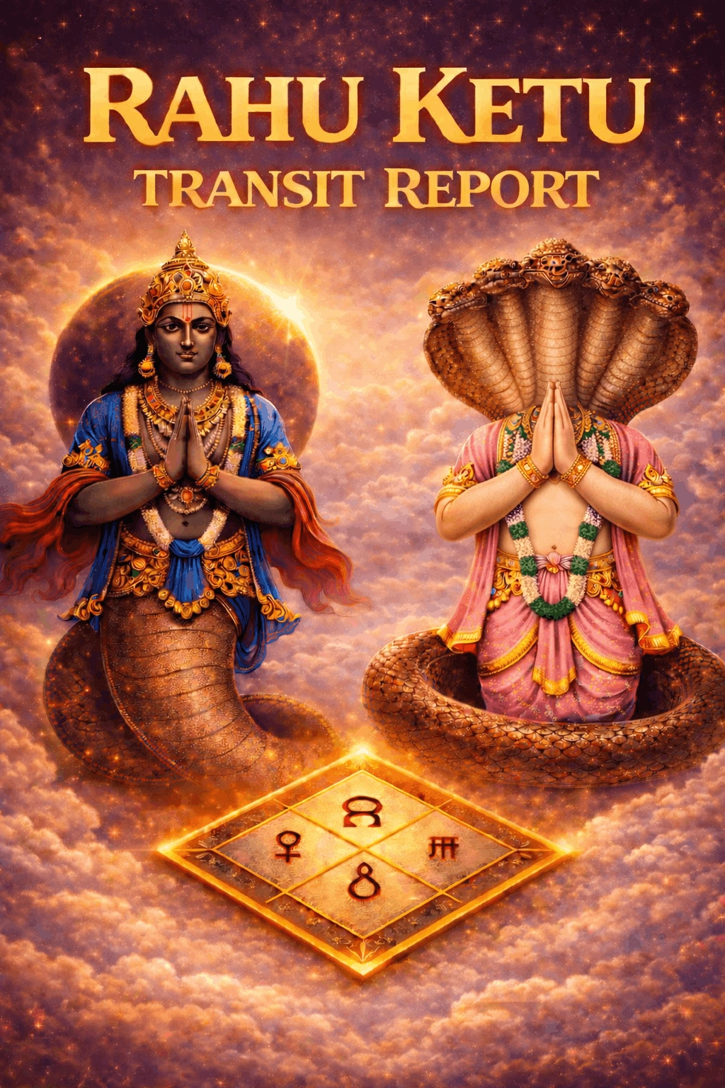 Premium Rahu Ketu Transit Report cover featuring celestial serpent nodal axis illustration