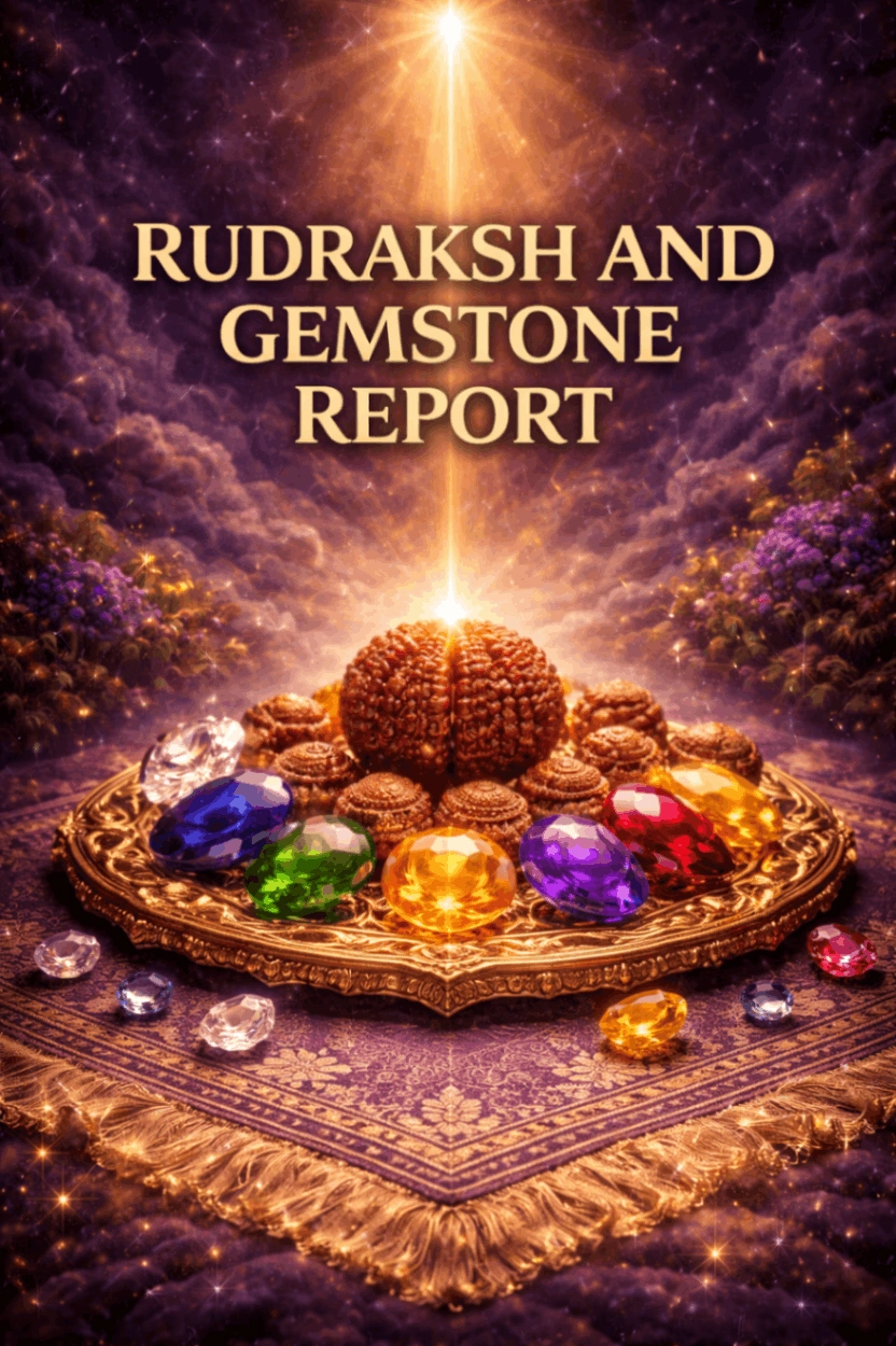 Premium Vedic Rudraksha and Gemstone Report Cover showing sacred beads and glowing crystals